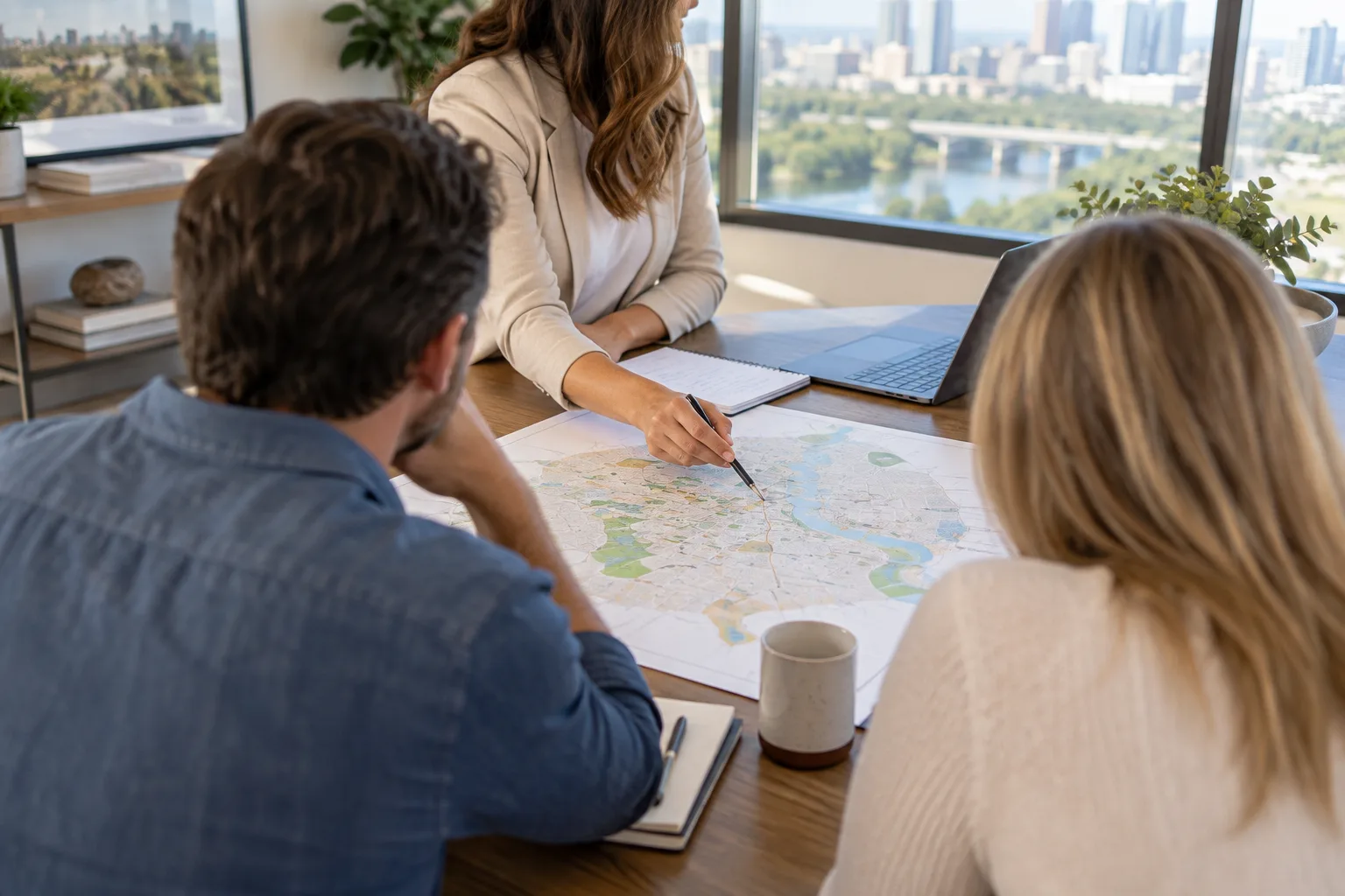 Illustrative real estate consultation over a neighborhood map
