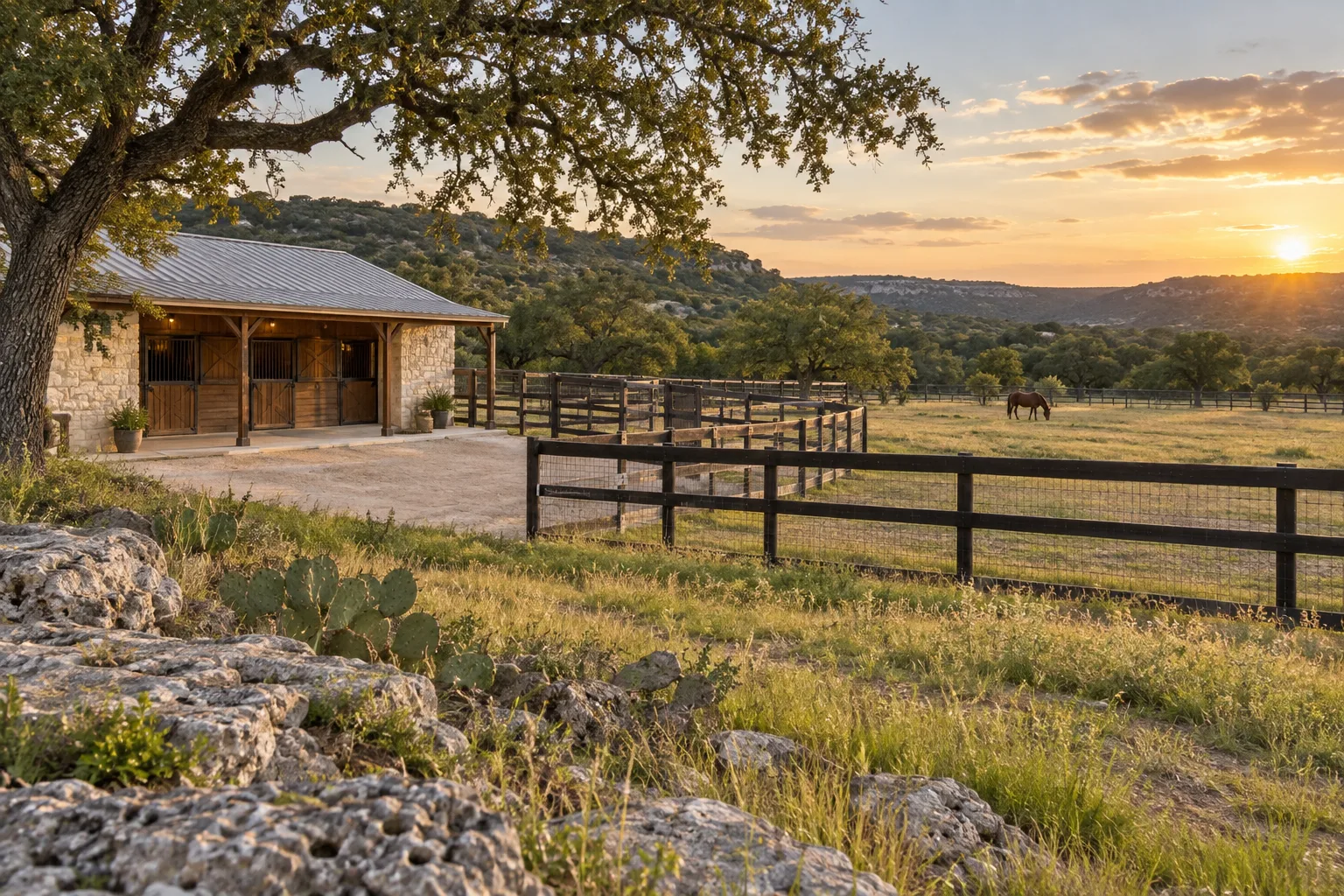 Illustrative Hill Country stable and fenced horse paddock