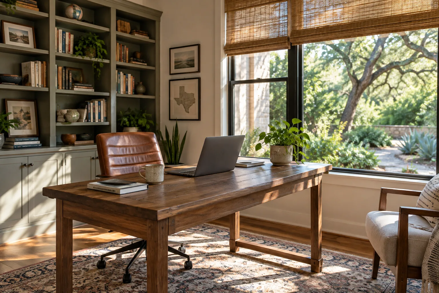 Illustrative home workspace with a garden view