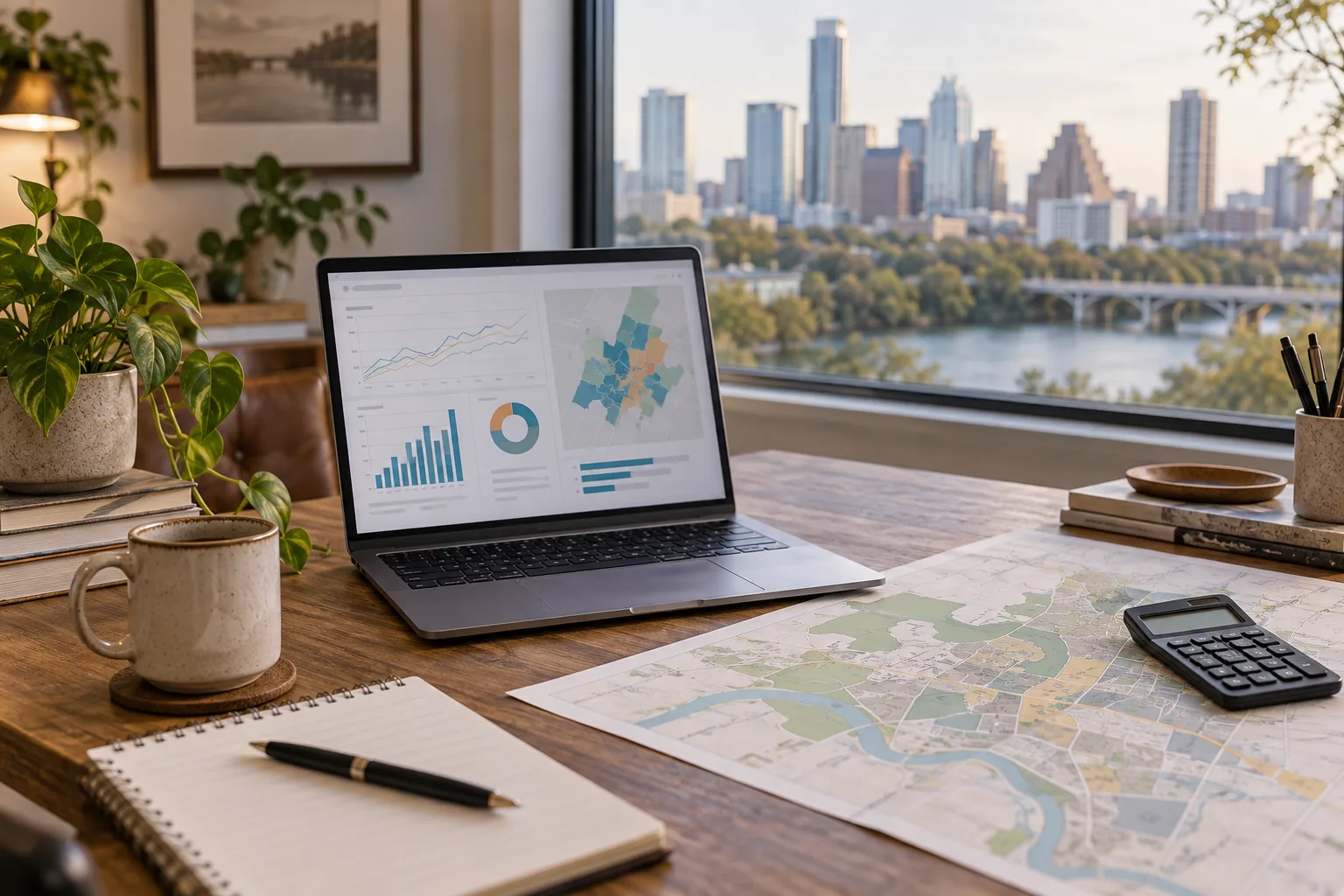 Illustrative housing-market charts on a laptop beside a neighborhood map