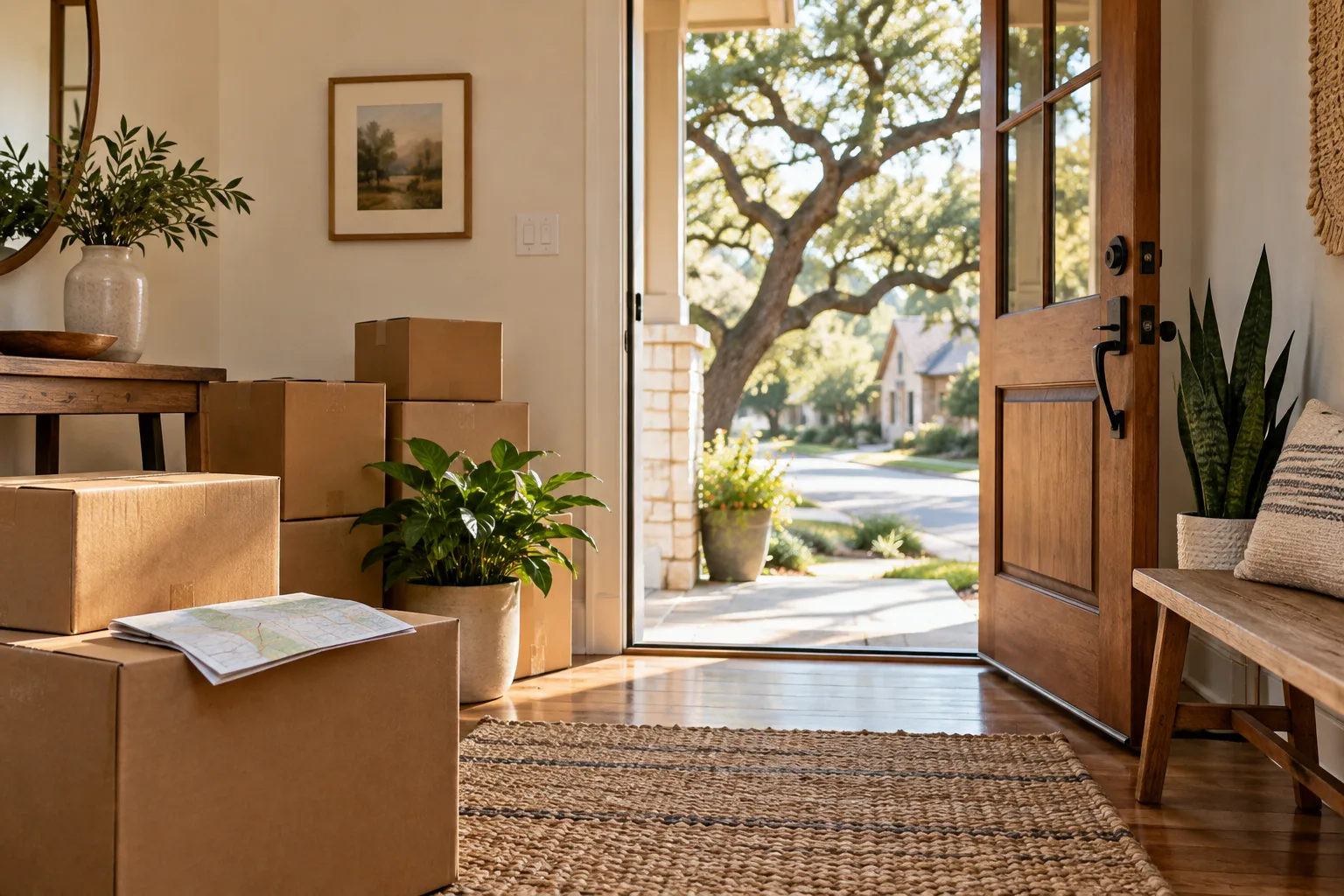 Illustrative moving boxes inside an Austin-area home
