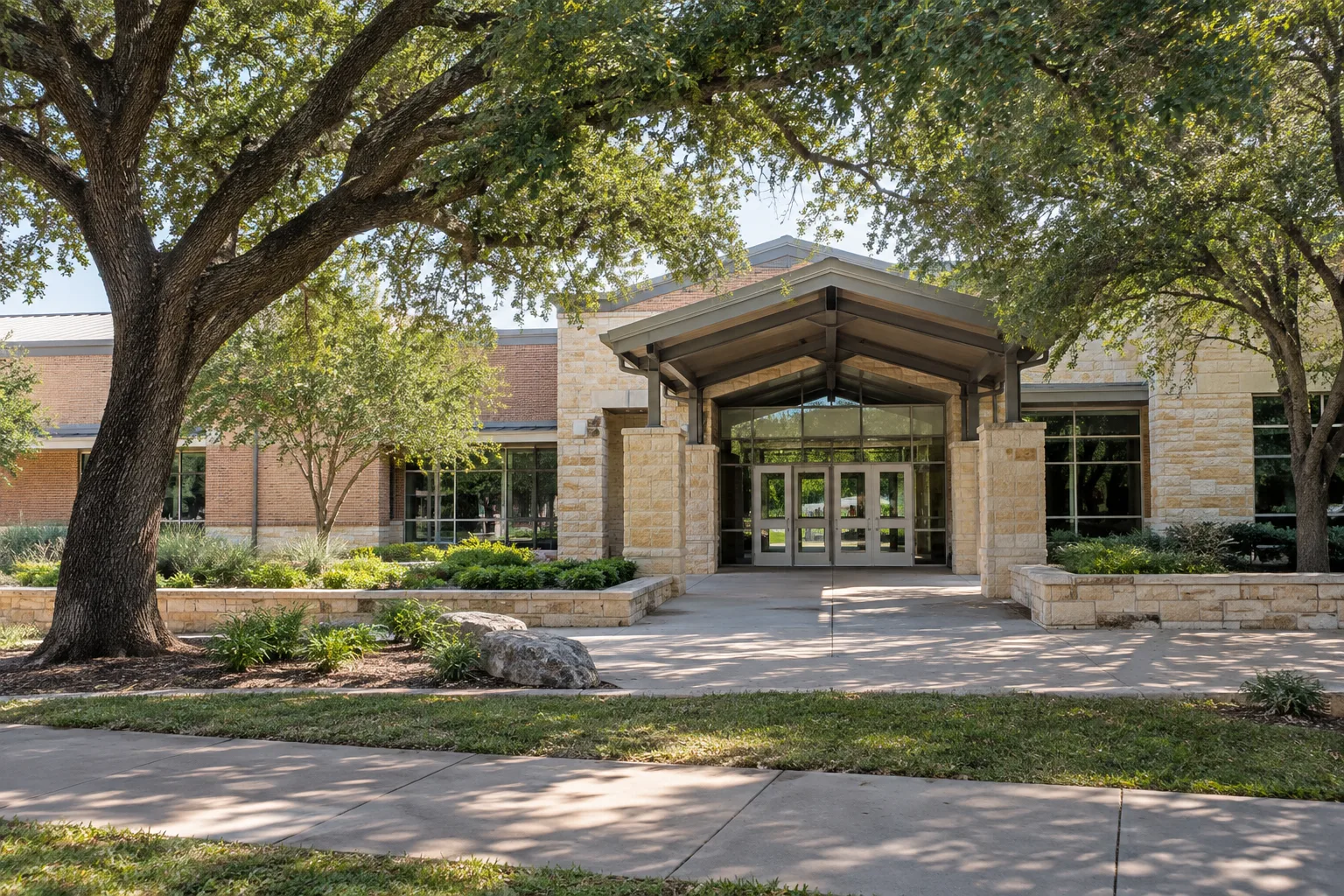 Illustrative Central Texas school campus exterior
