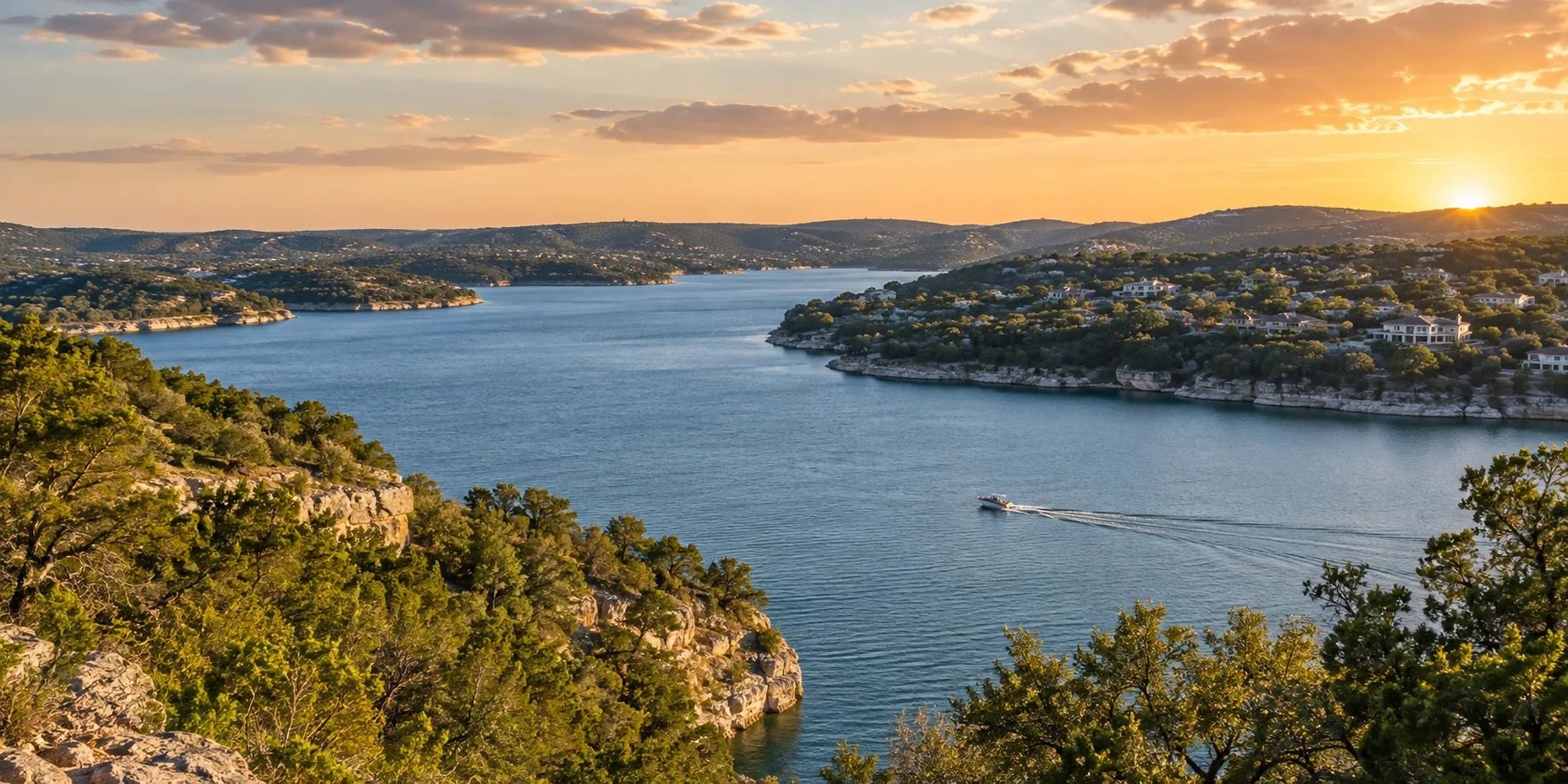 Illustrative Lake Travis-style landscape; not a specific shoreline or property